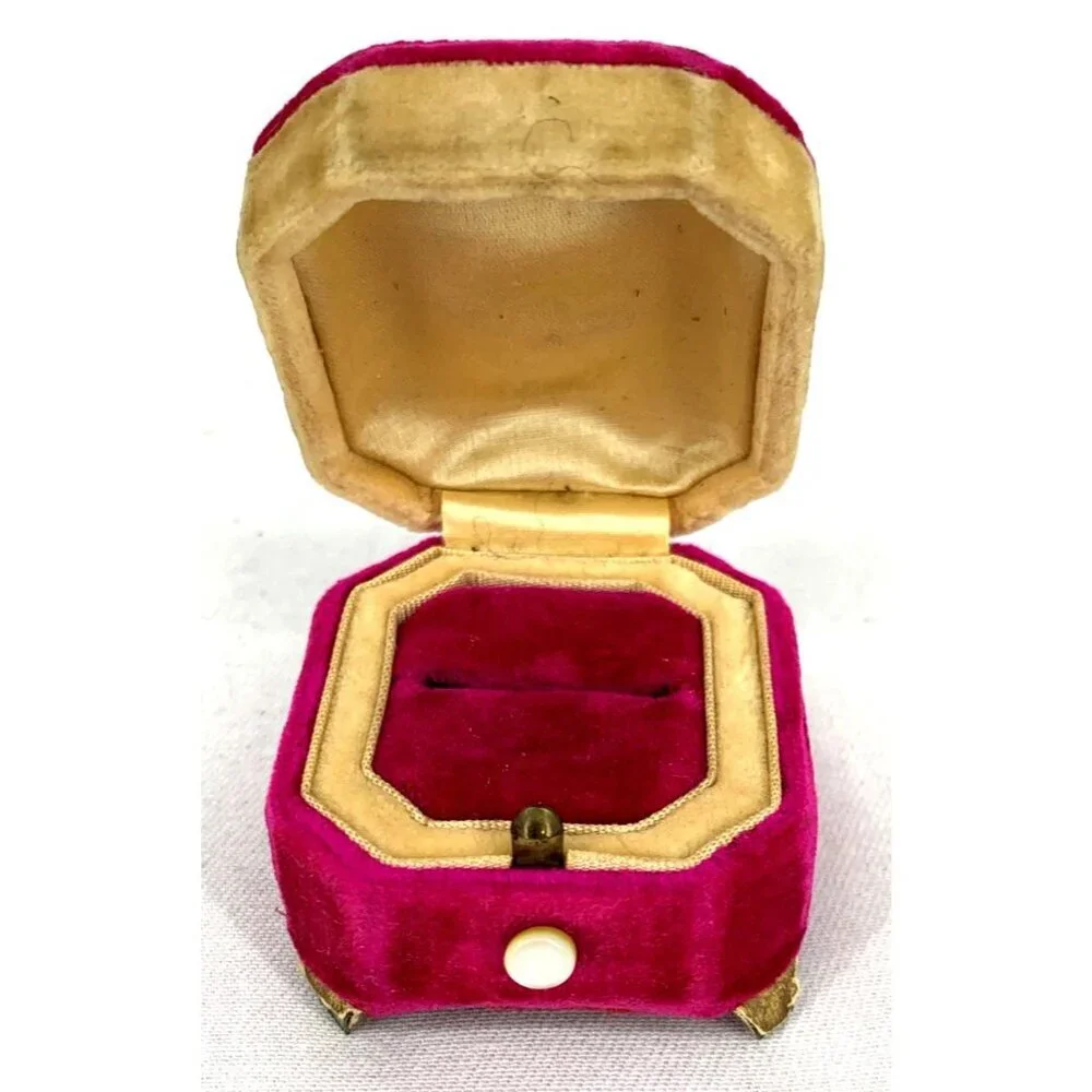 Ring Presentation Jewelry Pink Velvet MOP Push Button Metal Feet Antique 1.5